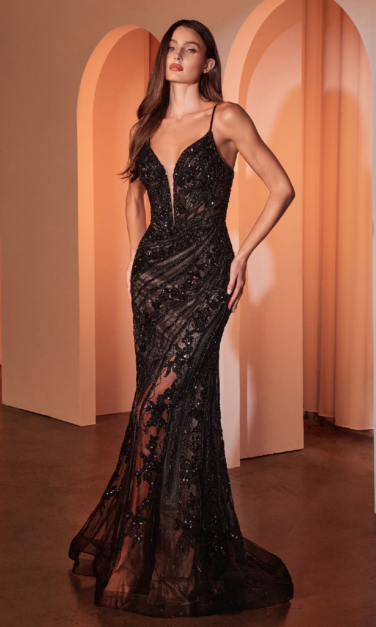 Black/Nude Ladivine Long Formal Dress CC0389