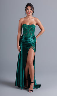  Dark Green Strapless Long Prom Dress with Lace