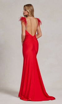  Backless Feathered Long Formal Dress