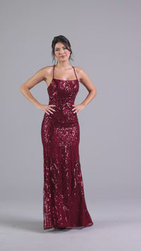 Sequin-Print Long Formal Dress with Statement Back