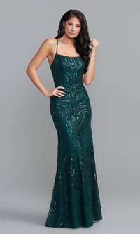  Sequin-Print Long Formal Dress with Statement Back