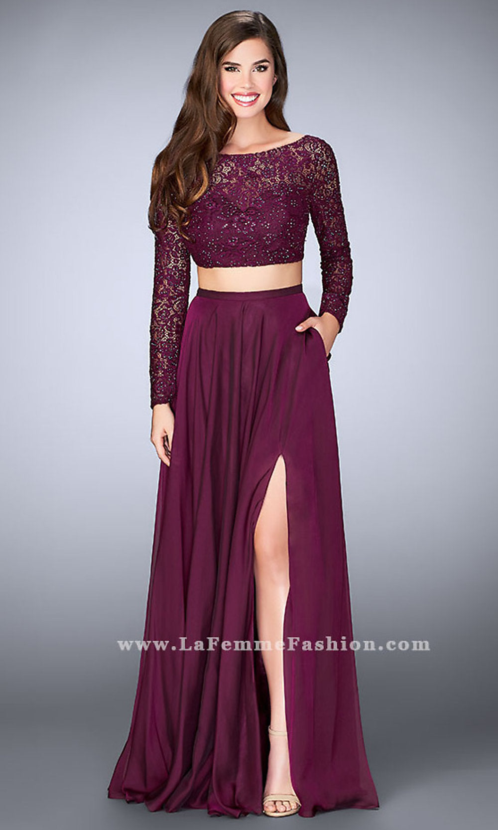 Garnet Two Piece Long Chiffon Prom Dress with Long Sleeves