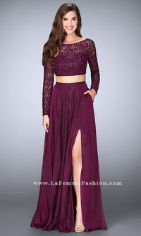 Garnet Two Piece Long Chiffon Prom Dress with Long Sleeves