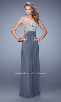 Gunmetal Lace-Bodice Open-Back Long La Femme Prom Dress