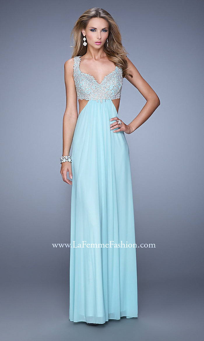 Light Mint Lace-Bodice Open-Back Long La Femme Prom Dress