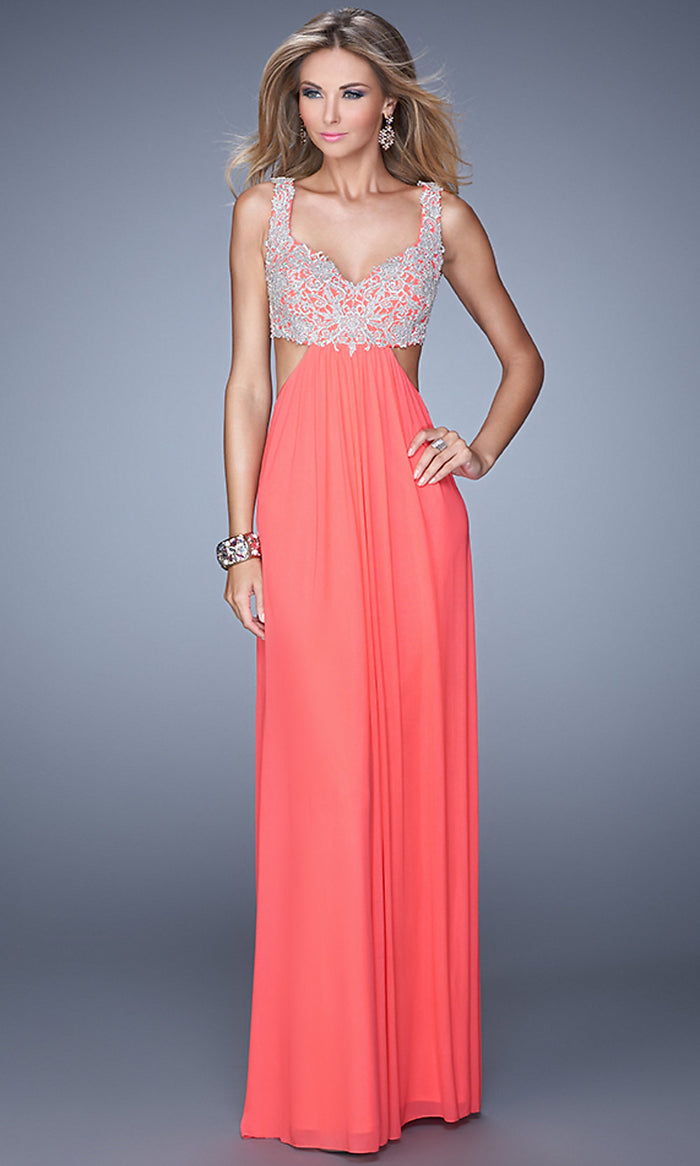 Pink Grapefruit Lace-Bodice Open-Back Long La Femme Prom Dress