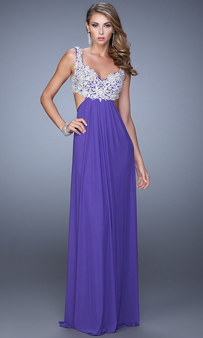 Royal Purple Lace-Bodice Open-Back Long La Femme Prom Dress